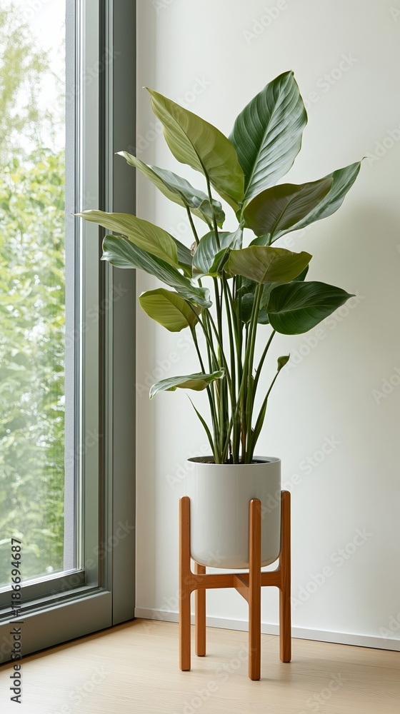 Poster a large flourishing calathea plant placed next to a floor to ceiling window with soft sunlight strea