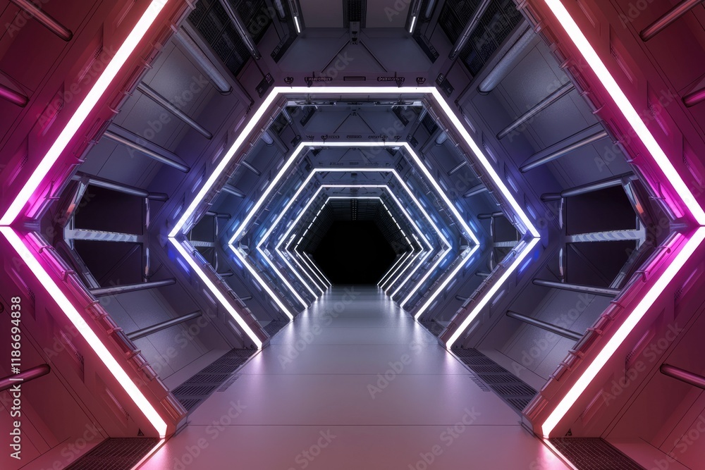 Poster futuristic hexagonal corridor with vibrant pink and blue neon lights, creating a sci-fi atmosphere.
