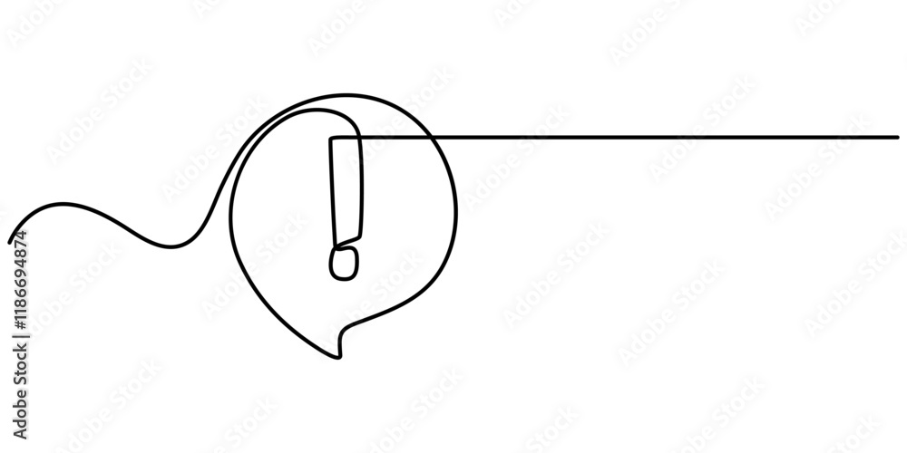 Poster exclamation mark in one continuous line drawing vector illustration. pro vector, exclamation mark, o