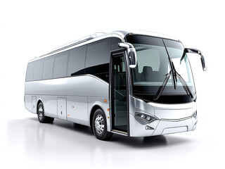 A white coach bus is pictured in a simple studio style