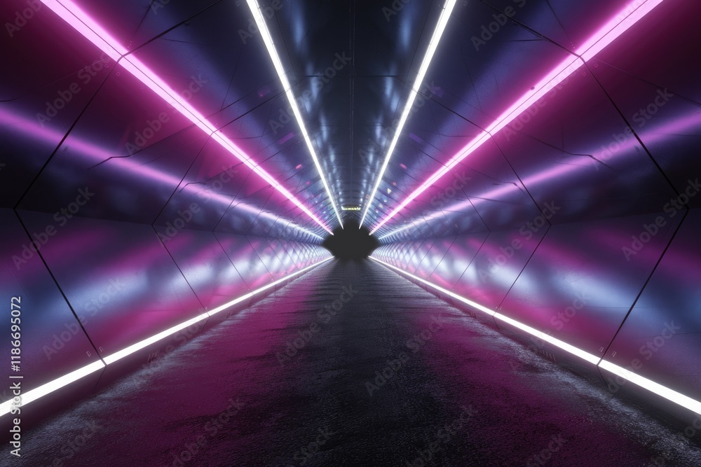 Poster neon lights illuminate a futuristic metallic tunnel, creating a vibrant and otherworldly atmosphere.