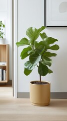 A luxurious fiddle leaf fig styled in a gold planter beside an abstract art piece placed on polished hardwood floors for an elegant interior 