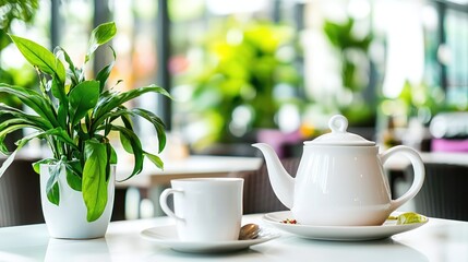 Serene Tea Time Relaxation Green Plant White Teapot Cup