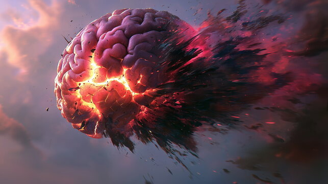A vibrant, dynamic depiction of a brain exploding into fiery fragments, symbolizing creativity, innovation, or mental overload. Perfect for science, technology, or psychology themes.