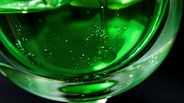 Macro video of liquid flowing into glass, green absinthe, emerald liquid, ripples, small cordial glass, dark background, green gel lighting, slow motion