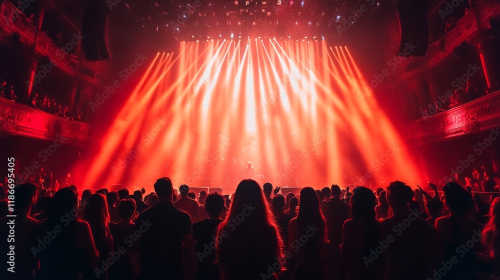 Poster a large crowd gathers in a historic theater, captivated by a dazzling light display during a live co