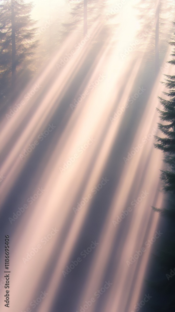 Poster a misty forest scene with tall evergreen trees and soft sunlight streaming through creating a tranqu