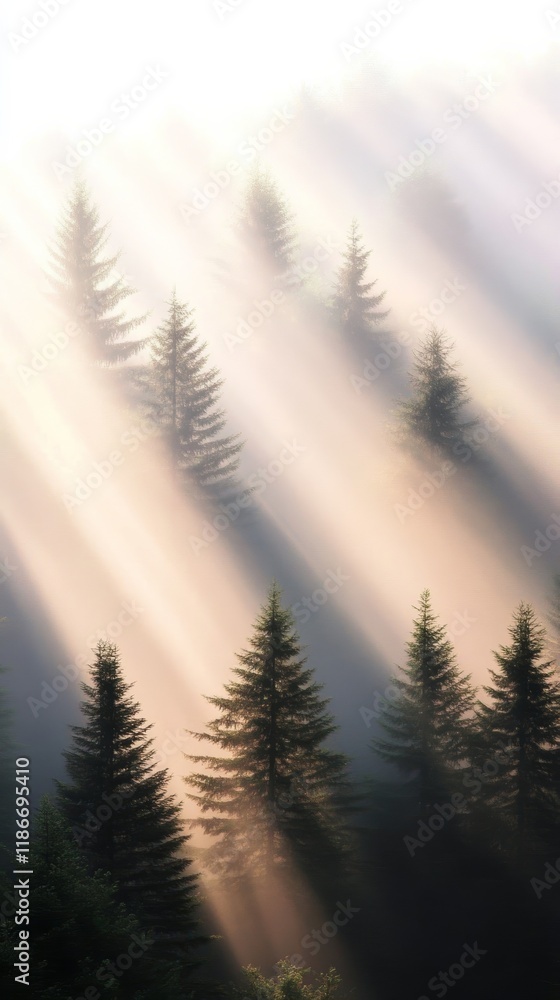 Poster a misty forest scene with tall evergreen trees and soft sunlight streaming through creating a tranqu