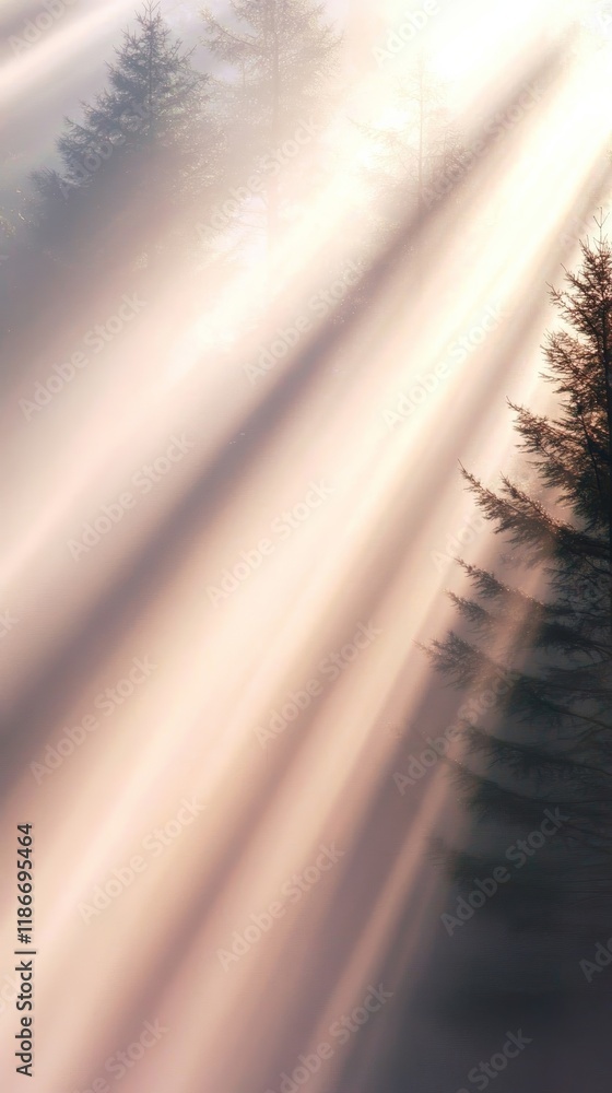 Poster a misty forest scene with tall evergreen trees and soft sunlight streaming through creating a tranqu