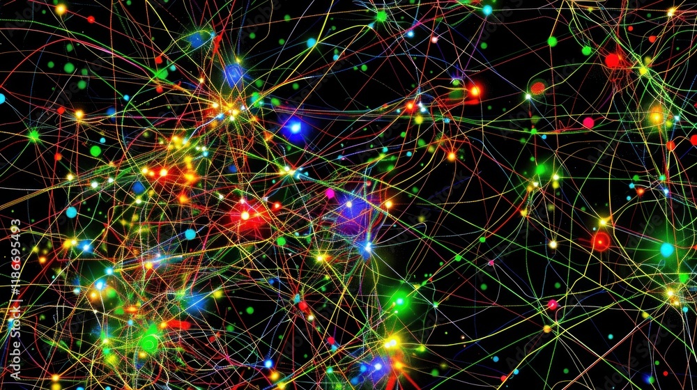 Poster abstract colorful network of glowing lines and dots on black background.