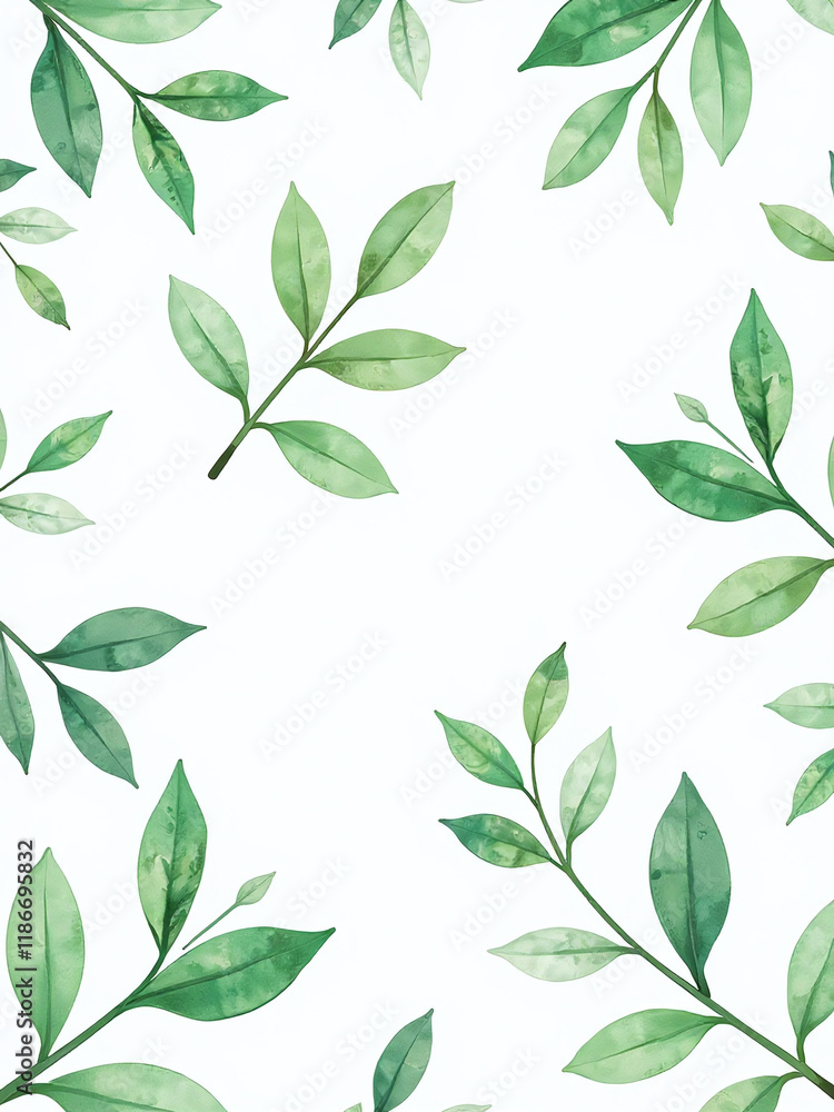 Poster delicate watercolor design featuring green leaves in a seamless pattern isolated against a crisp whi
