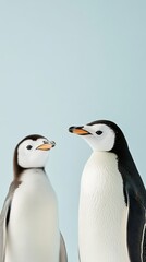 Obraz premium A pair of baby penguins waddling on an icy surface with colorful auroras glowing in the sky for a magical and cute winter scene 