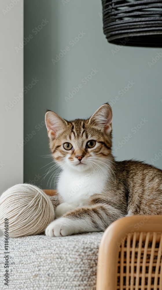 Poster a playful kitten pawing at a ball of yarn on a soft blanket with sunlight streaming through a window