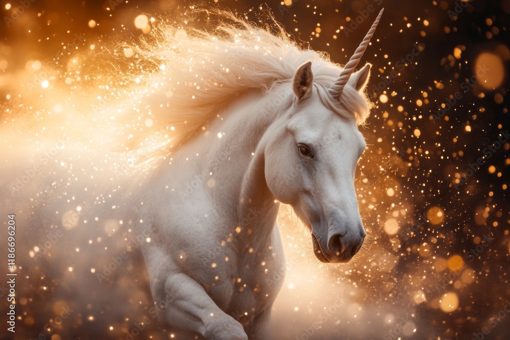 Poster a unicorn galloping through a magical snowstorm, leaving trails of shimmering light behind it