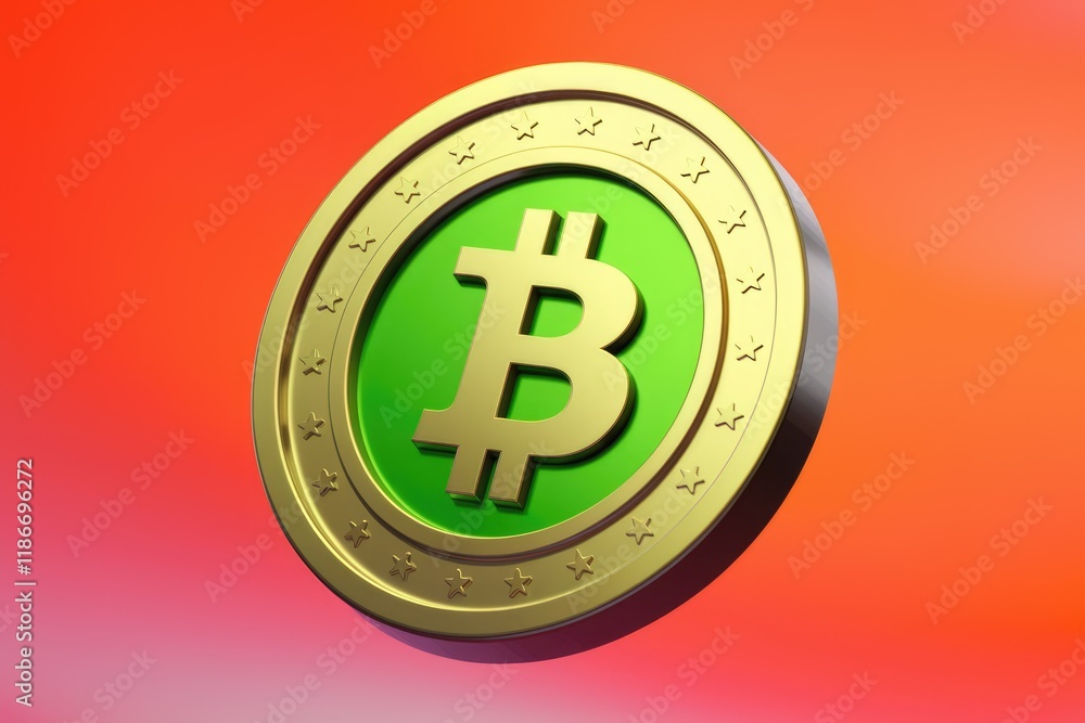 Poster A 3D rendering of a Bitcoin coin with a green center and gold border, against a reddish-orange backdrop.
