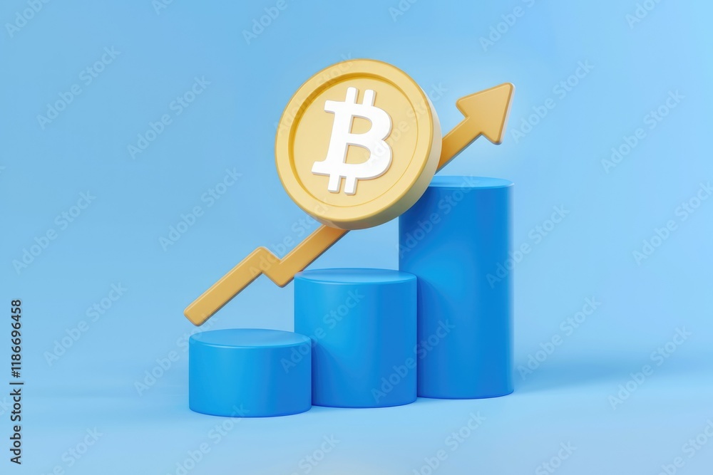 Poster bitcoin's value is rising steadily, shown by an upward trend on a bar graph.