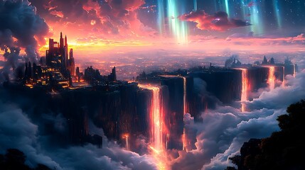 Majestic Floating Islands Illuminated by Aurora Borealis