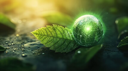 A futuristic representation of a glowing green leaf merging with a transparent holographic globe, with subtle geometric patterns in the background