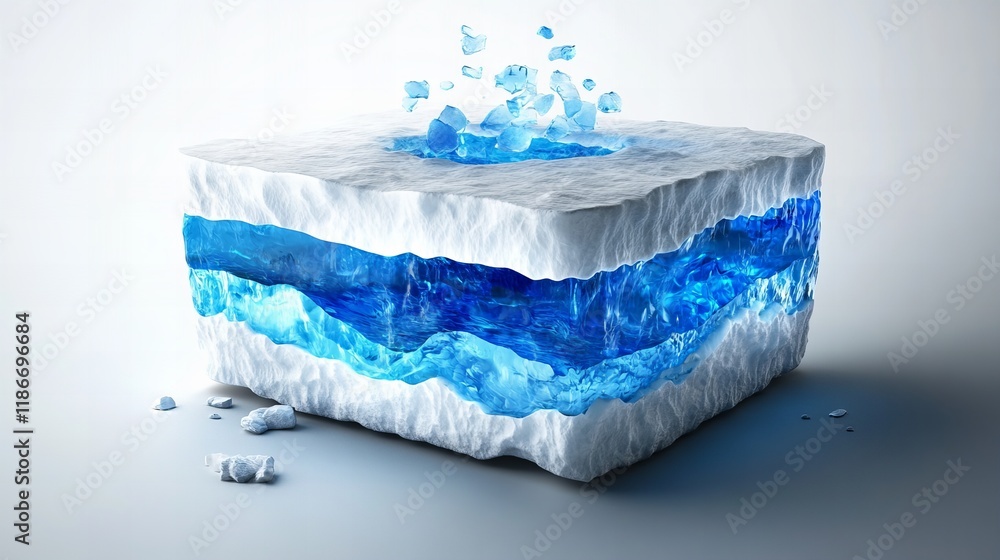 Poster a mesmerizing 3d render of a block of ice, showcasing vibrant blue water within its layers. the imag