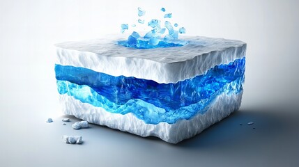 Obraz premium A mesmerizing 3D render of a block of ice, showcasing vibrant blue water within its layers. The image evokes a sense of coolness and fragility.