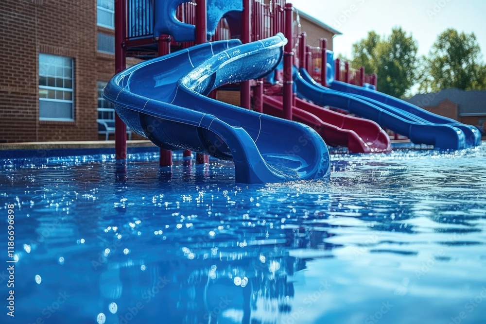 Poster a blue slide in a swimming pool with a red slide in the background