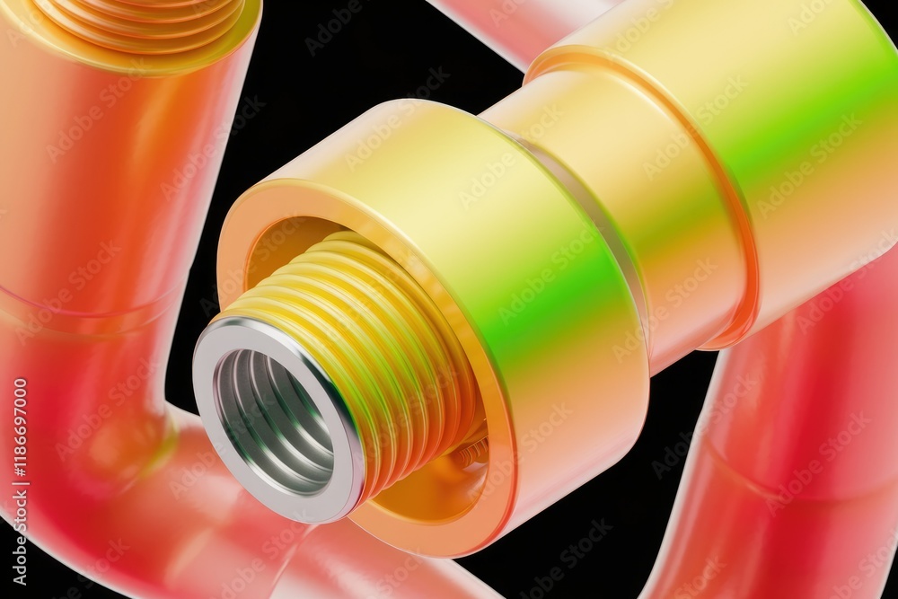 Poster Abstract 3D rendering of colorful pipes interconnected, showcasing vibrant hues and metallic textures.