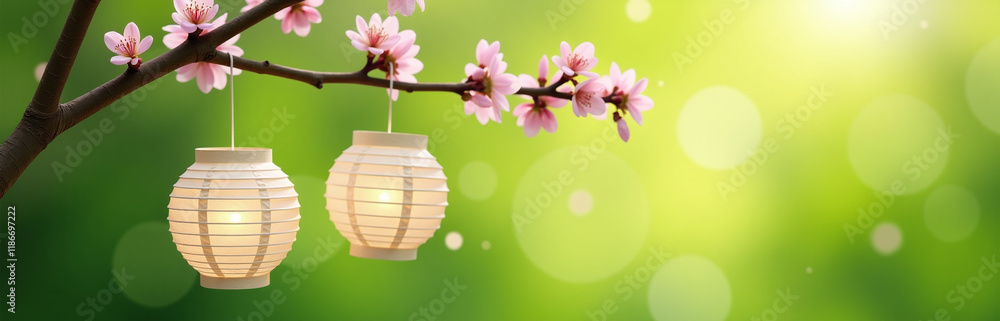 Poster Delicate Paper Lanterns Suspended From A Blooming Tree Branch Against A Serene Green Bokeh Nature Background With Soft Focus Effect. 00003