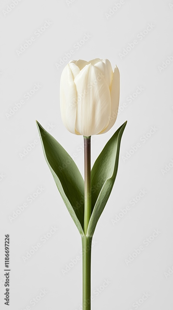 Poster a single white tulip with its long delicate stem extending gracefully across a clean white backgroun