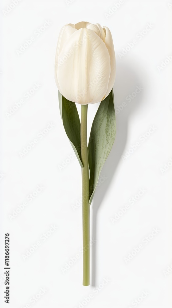 Poster a single white tulip with its long delicate stem extending gracefully across a clean white backgroun