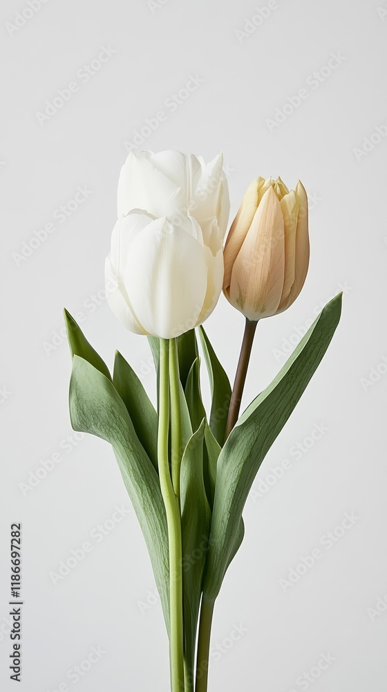 Poster a single white tulip with its long delicate stem extending gracefully across a clean white backgroun