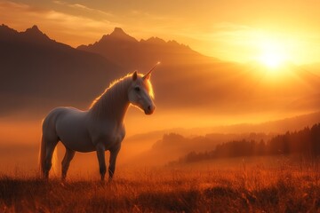 Fototapeta premium A unicorn standing at the edge of a canyon, with its horn glowing brightly against the expansive desert below