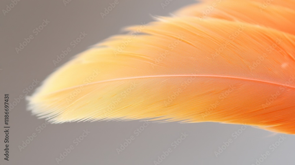 Poster a close-up of a delicate orange feather, showcasing its soft texture and gradient color from vibrant