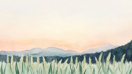 Fototapeta premium Serene landscape with mountains and wheat field at sunset