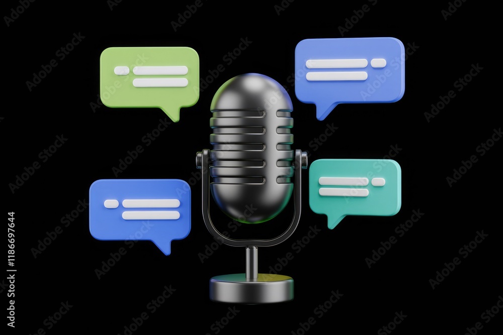 Aufkleber retro microphone surrounded by colorful speech bubbles, symbolizing podcasting and communication.