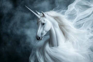 A unicorn standing on the edge of a cliff overlooking a vast, sparkling ocean under a bright full moon