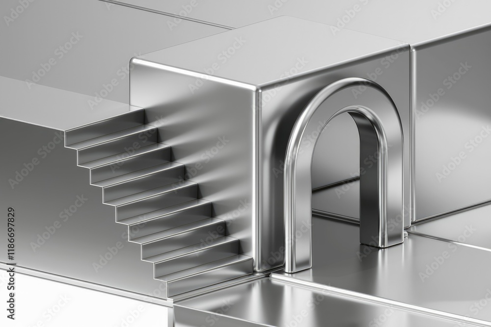 Poster Abstract 3D rendering of a metallic structure with stairs leading to an arched doorway.