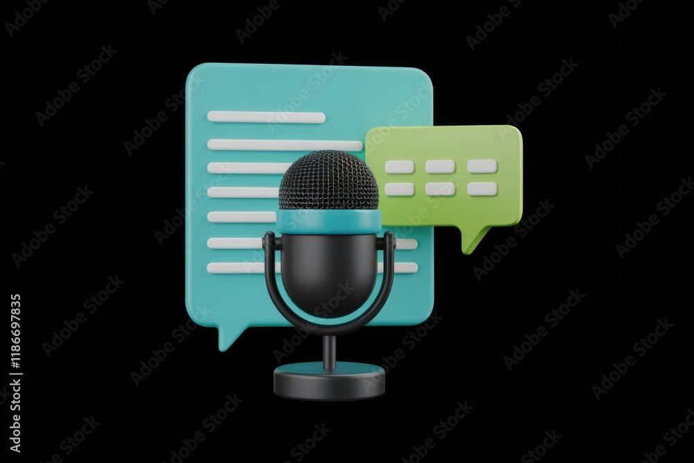 Poster Podcast microphone with speech bubbles and text, symbolizing audio content creation and communication.