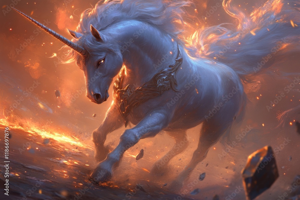 Poster a unicorn walking through a mystical cave filled with glowing crystals and reflecting pools of light