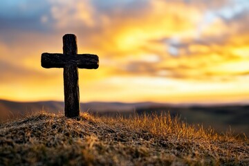 Cross Silhouette at Sunset: A weathered wooden cross stands tall against a dramatic sunset sky, casting a powerful silhouette against the backdrop of rolling hills.