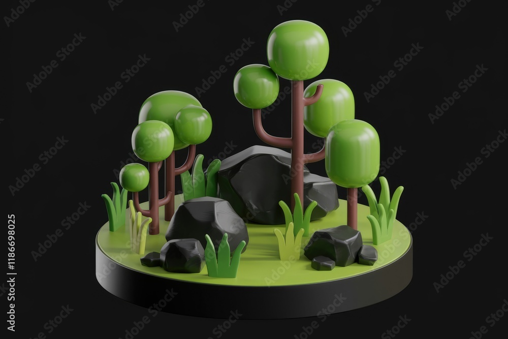 Poster stylized 3d render of a miniature landscape with cartoon trees and rocks on a green base.