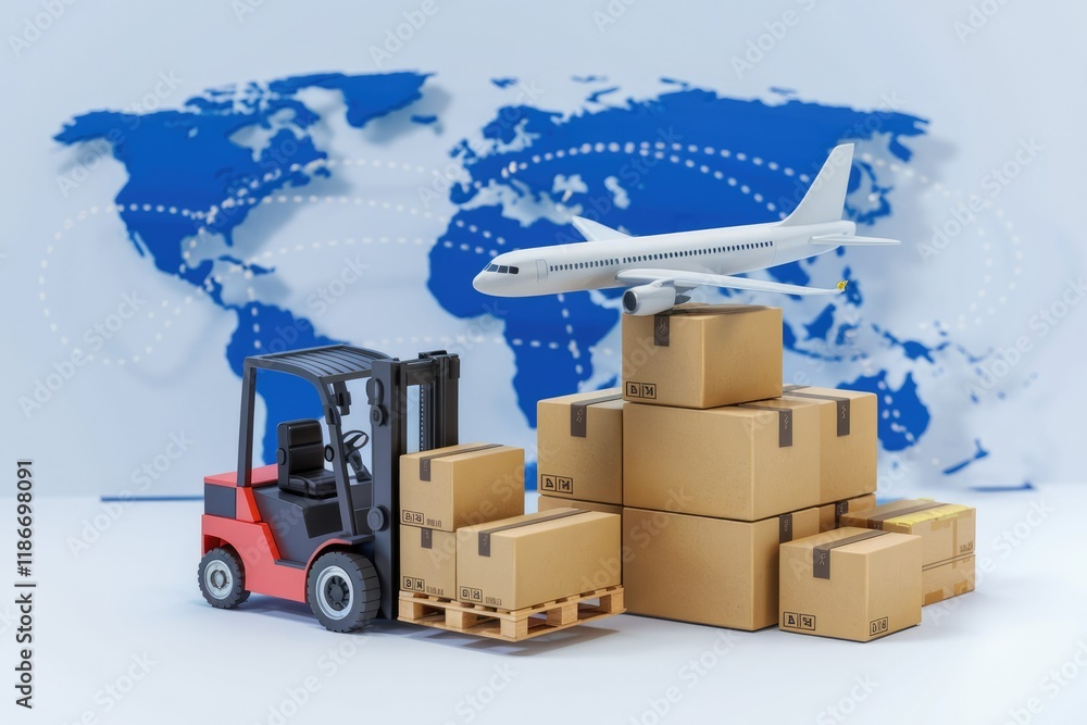 Poster global cargo transportation, showcasing a forklift loading boxes near an airplane against a world ma