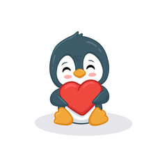 Cute cartoon penguin with heart isolated on white. Vector illustration
