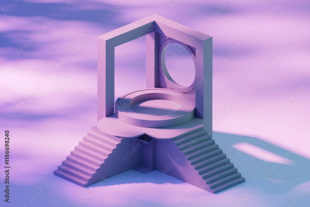 Fototapete Abstract 3D rendering of a minimalist geometric structure with stairs and a circular platform, bathed in purple light.