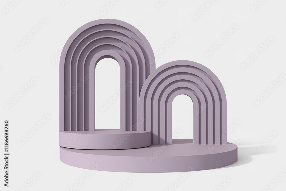 Poster Abstract 3D rendering of layered lilac archways forming a podium or display stand.