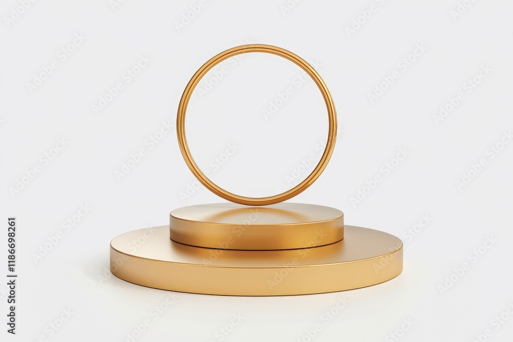 Aufkleber A golden circular frame rests atop a double-layered platform, creating an elegant, minimalist display.