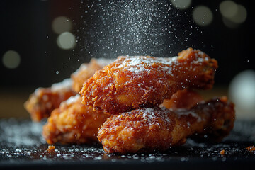 Powdered Sugar Dusting on Crispy Fried Chicken Drumsticks in Restaurant Studio Setting