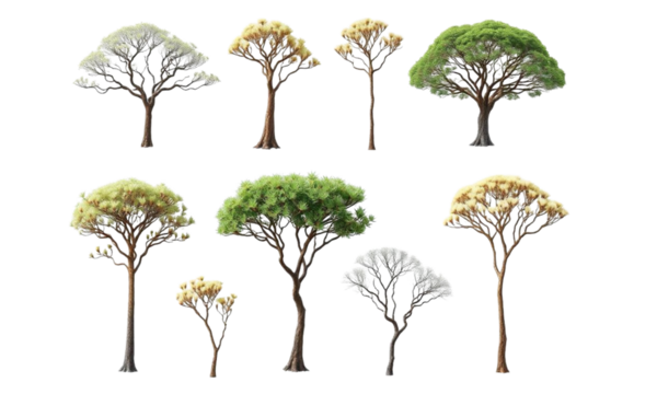 Collection of isolated African acacia trees on a transparent background. Plant and flower concept