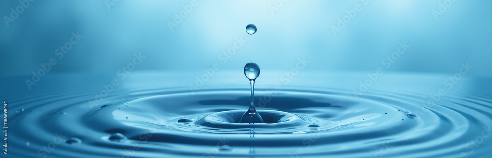 Poster delicate droplets fall onto a serene blue canvas creating a soothing visual effect and sense of calm