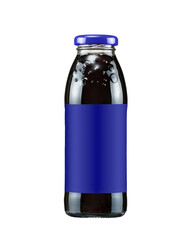 Currant juice in glass bottle with blue label. Grape, plum, blackcurrant, pomegranate, beet, cherry nectar juices. Compote. Fruit Mors. Smoothie. Drink concept. Ice tea. Isolate on white background