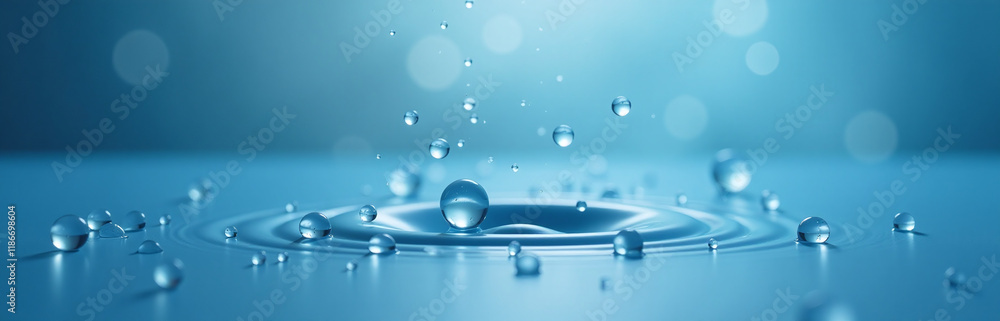 Poster delicate droplets fall onto a serene blue canvas creating a soothing visual effect and sense of calm